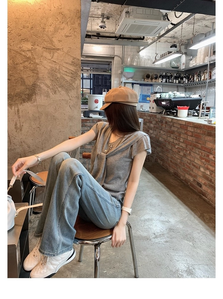 Wed. 韓女Cruch氣質鬆弛感 兩件式針織披肩上衣 灰