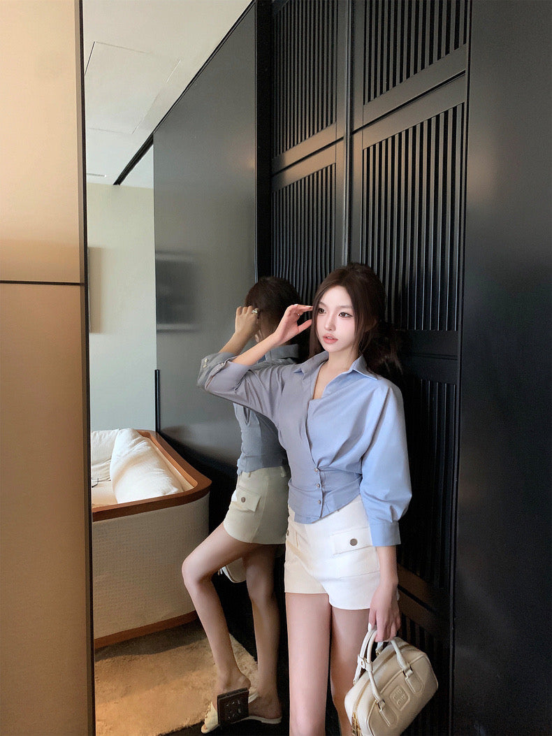 Wed. 韓女秘書 別緻收腰v領顯瘦襯衫 藍