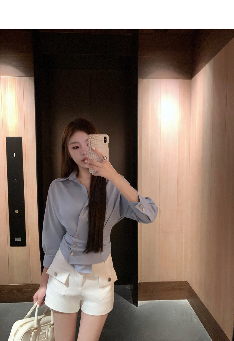 Wed. 韓女秘書 別緻收腰v領顯瘦襯衫 藍