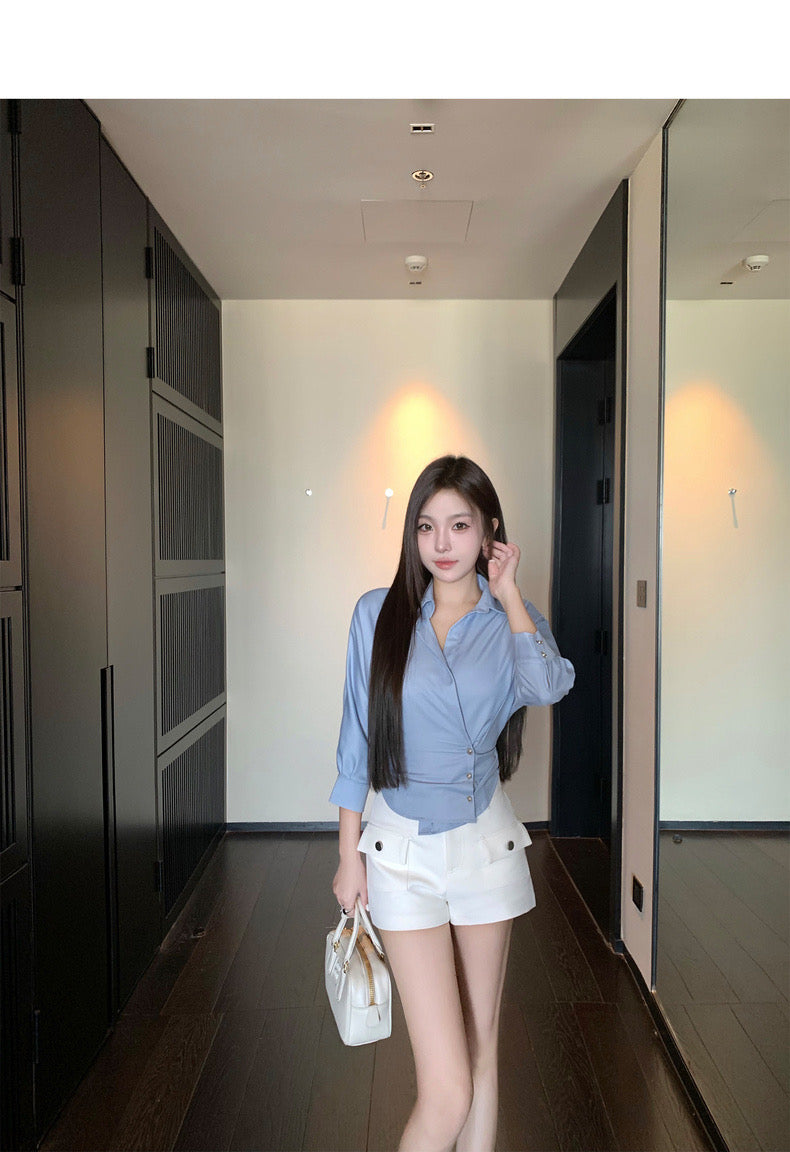 Wed. 韓女秘書 別緻收腰v領顯瘦襯衫 藍