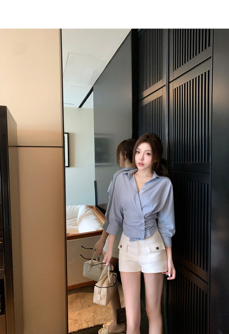 Wed. 韓女秘書 別緻收腰v領顯瘦襯衫 藍
