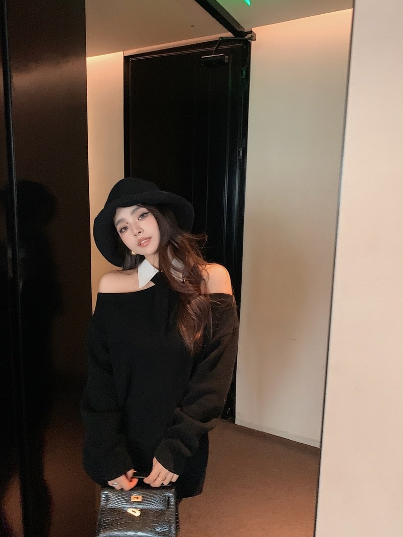 Fri. ''Autumm 慵懶時髦''可拆領露肩針織上衣
