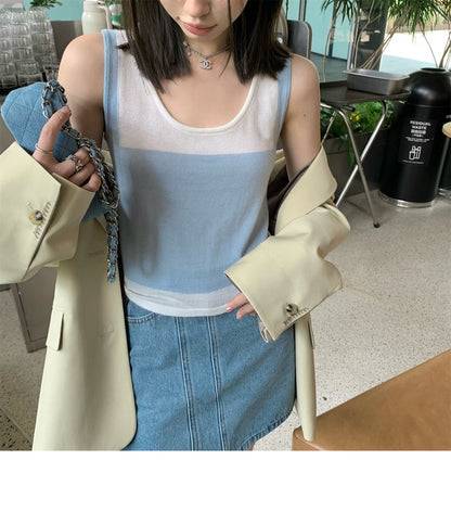 Thu. 雙色拼接針織背心 藍
