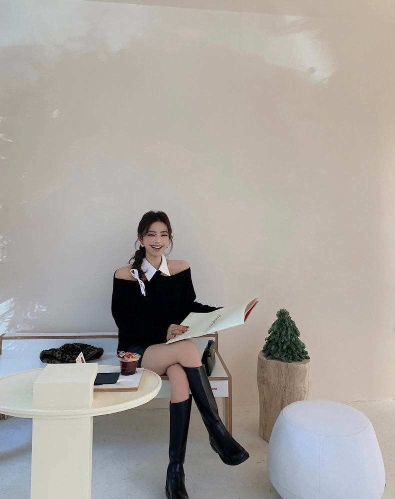 Fri. ''Autumm 慵懶時髦''可拆領露肩針織上衣