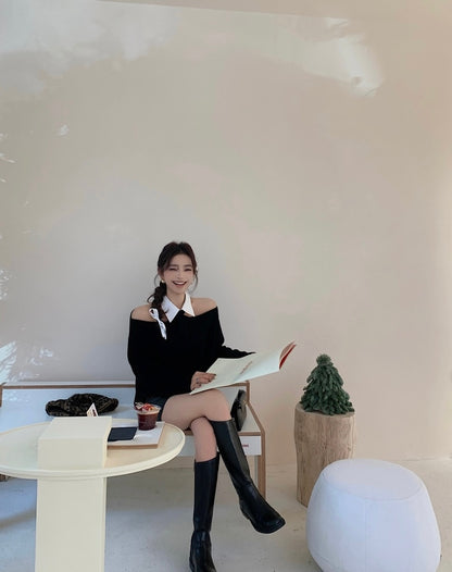 Fri. ''Autumm 慵懶時髦''可拆領露肩針織上衣