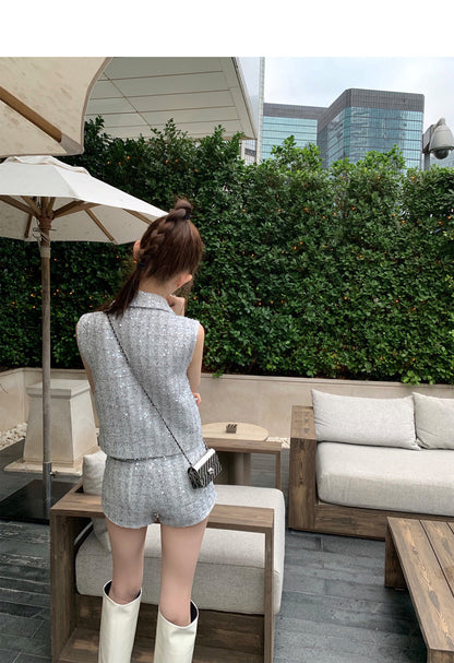 Sat. 氣質小香 銀色透明亮片背心套裝