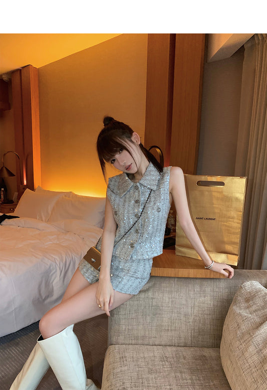 Sat. 氣質小香 銀色透明亮片背心套裝
