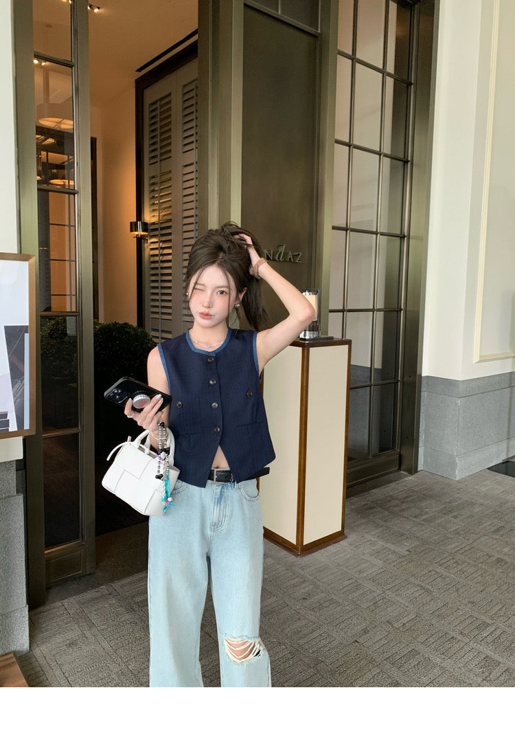 Sat. 老錢小香撞色拼接套裝 深藍