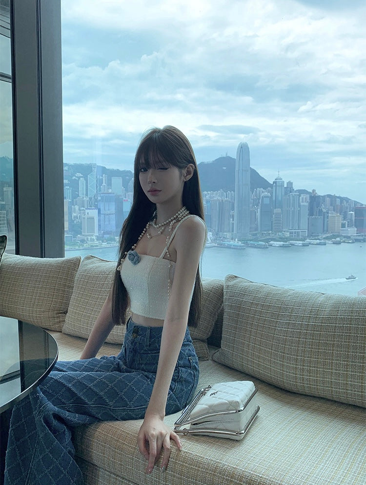 Mon. 毛鬚小香菱格高腰褲 藍