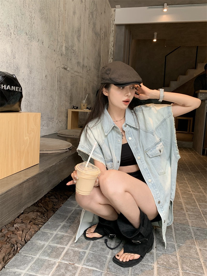 Sun. 淺色水洗 百搭落肩寬鬆牛仔背心
