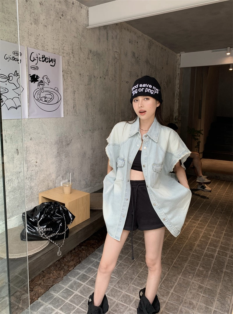 Sun. 淺色水洗 百搭落肩寬鬆牛仔背心