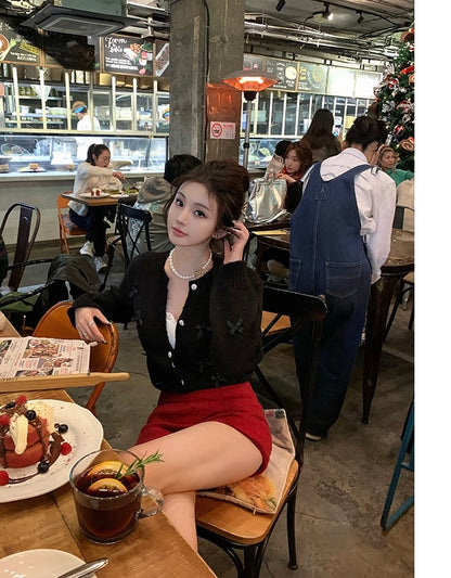 Mon. miu系蝴蝶结毛衣外套  黑