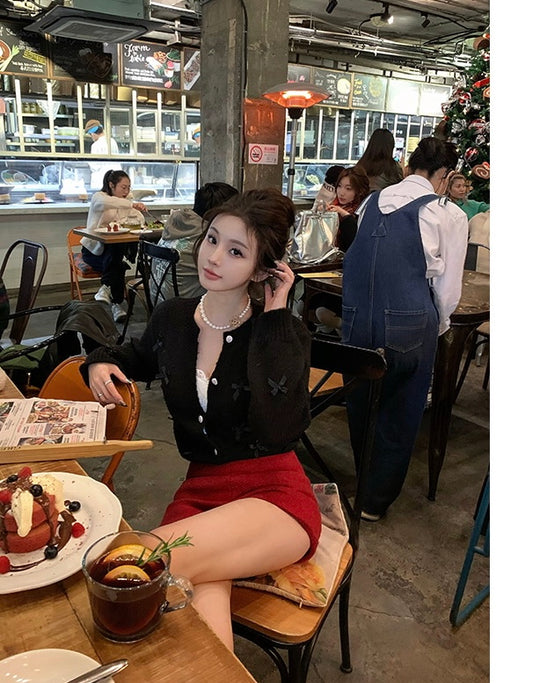 Mon. miu系蝴蝶结毛衣外套  黑