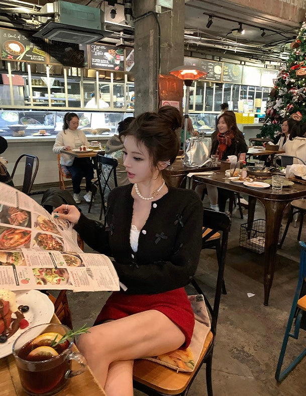 Mon. miu系蝴蝶结毛衣外套  黑