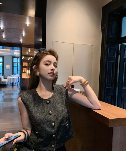 Sat. 小香風 金釦背心 銀麻灰