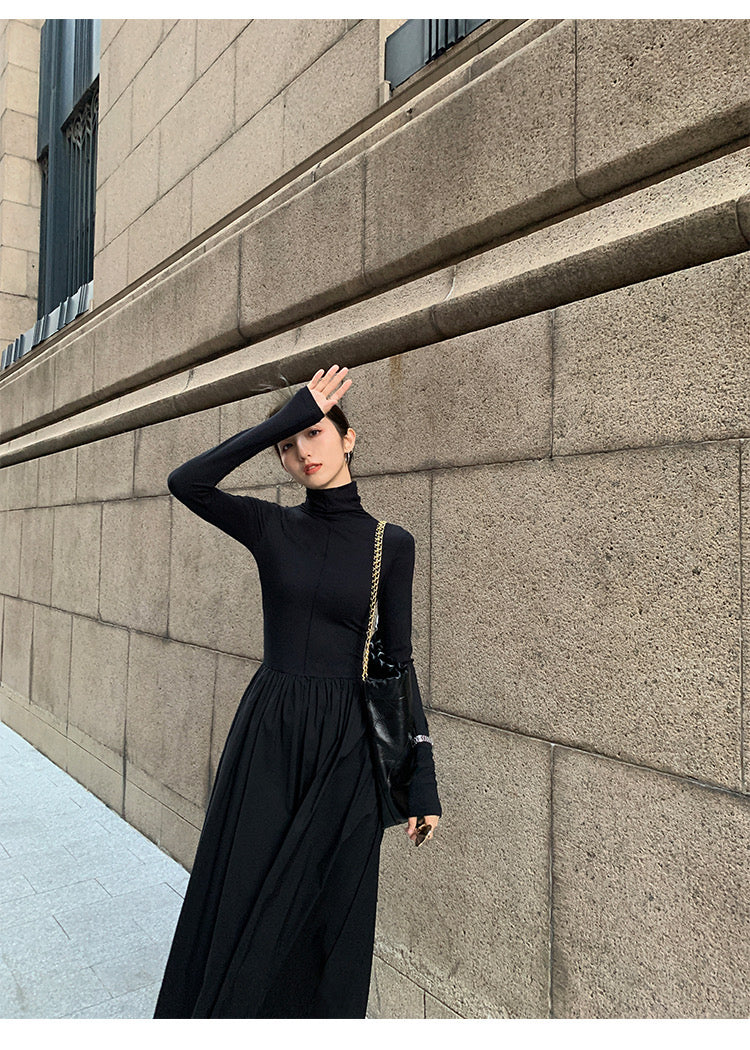 Sun. 優雅女伶 高領赫本拼接連身裙 黑