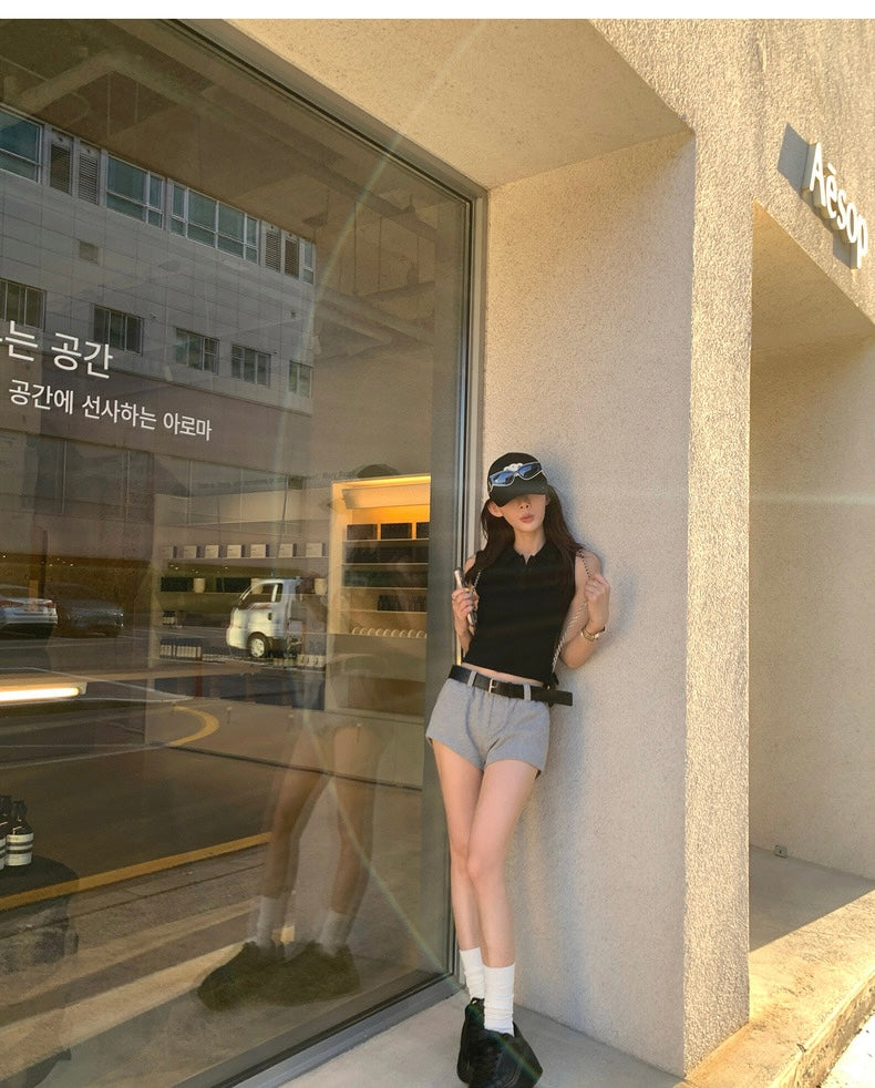 Mon. 休閒長腿妹 百搭鬆弛感短褲 灰/黑
