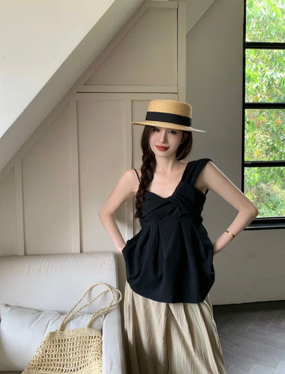 Wed. 單結斜領抓皺上衣 黑