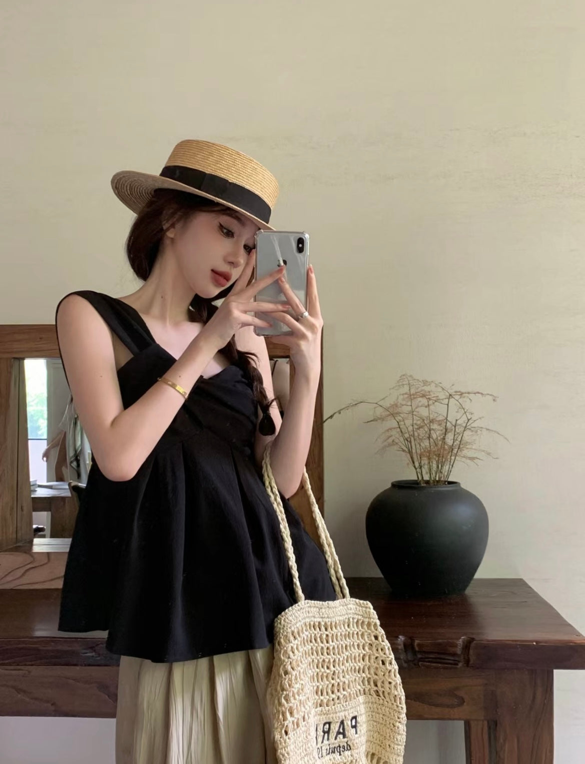 Wed. 單結斜領抓皺上衣 黑