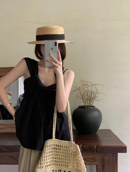 Wed. 單結斜領抓皺上衣 黑