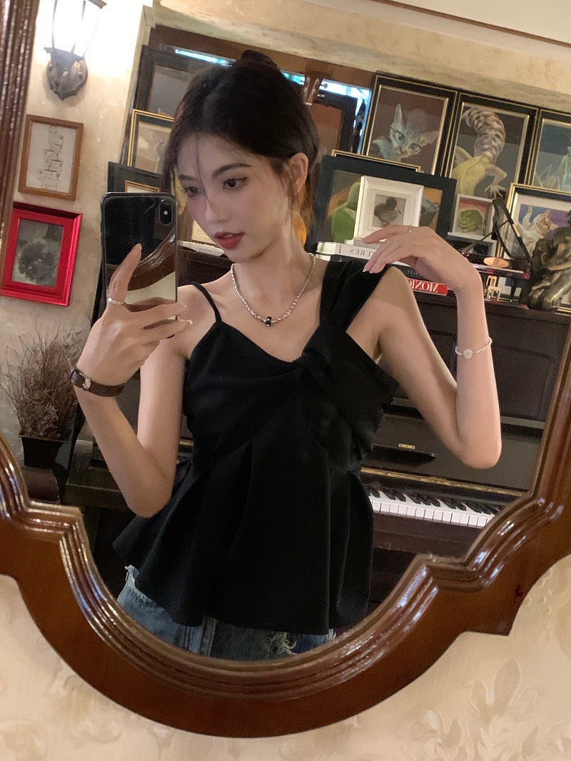 Wed. 單結斜領抓皺上衣 黑