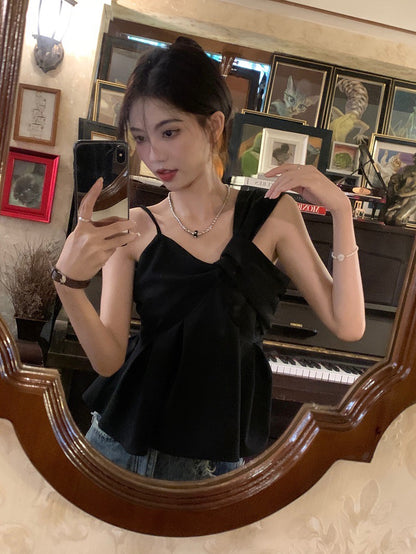 Wed. 單結斜領抓皺上衣 黑