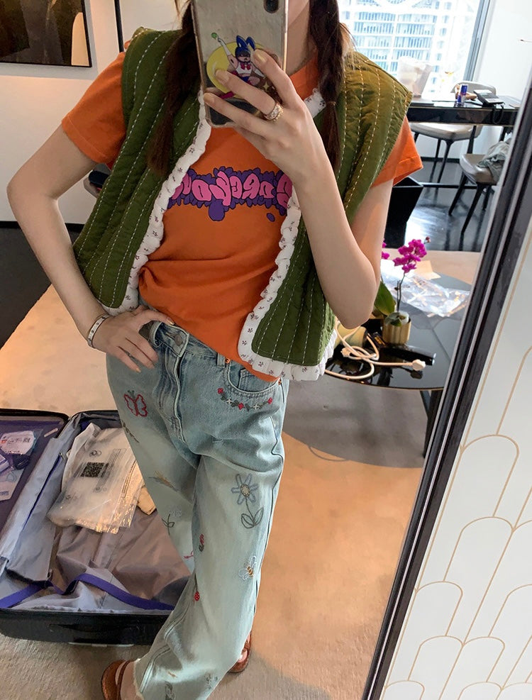 Mon. 春天刺繡圖牛仔九分褲