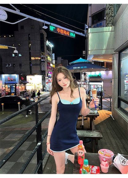 Wed. 倫敦刊報 假兩件式比基尼吊帶裙 深藍