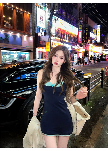 Wed. 倫敦刊報 假兩件式比基尼吊帶裙 深藍