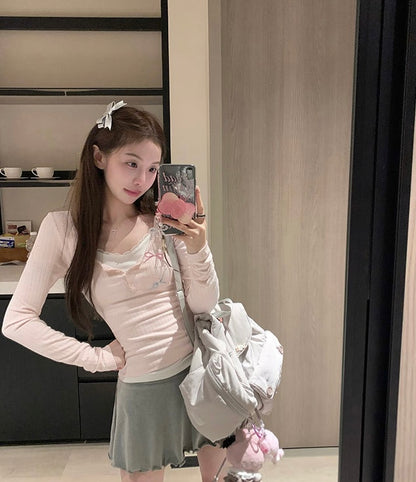 Sun. 半熟甜心 芭蕾蕾絲拼接上衣 粉/灰