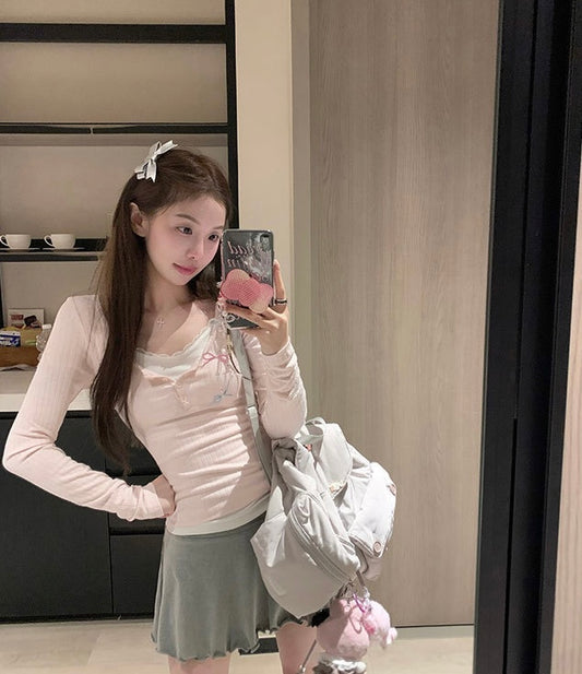 Sun. 半熟甜心 芭蕾蕾絲拼接上衣 粉/灰