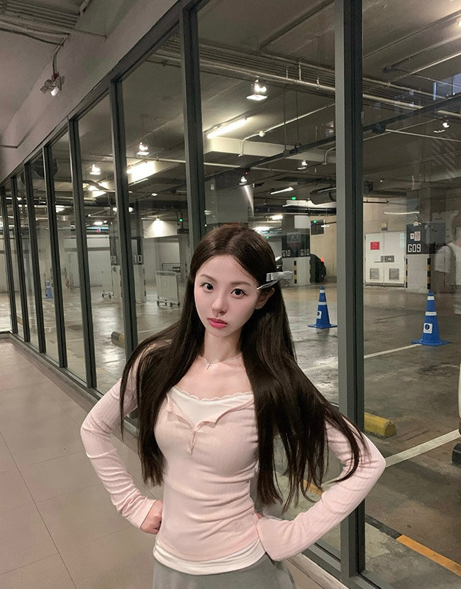 Sun. 半熟甜心 芭蕾蕾絲拼接上衣 粉/灰