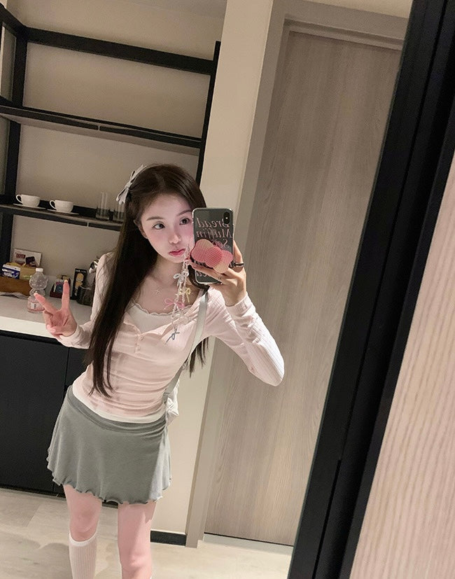 Sun. 半熟甜心 芭蕾蕾絲拼接上衣 粉/灰