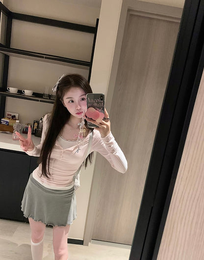 Sun. 半熟甜心 芭蕾蕾絲拼接上衣 粉/灰