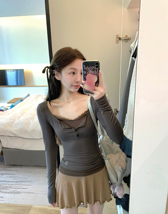 Sun. 半熟甜心 芭蕾蕾絲拼接上衣 粉/灰