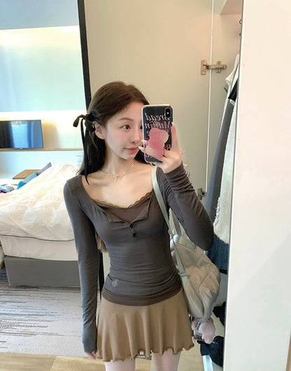 Sun. 半熟甜心 芭蕾蕾絲拼接上衣 粉/灰