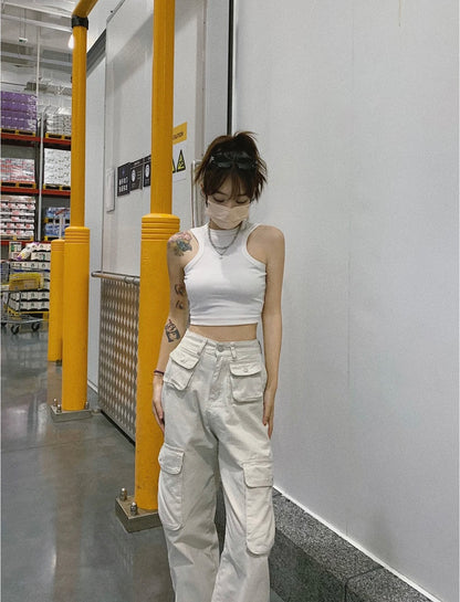 Sun. 多口袋米色挺版工裝褲