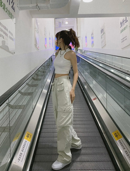 Sun. 多口袋米色挺版工裝褲