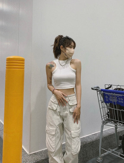 Sun. 多口袋米色挺版工裝褲