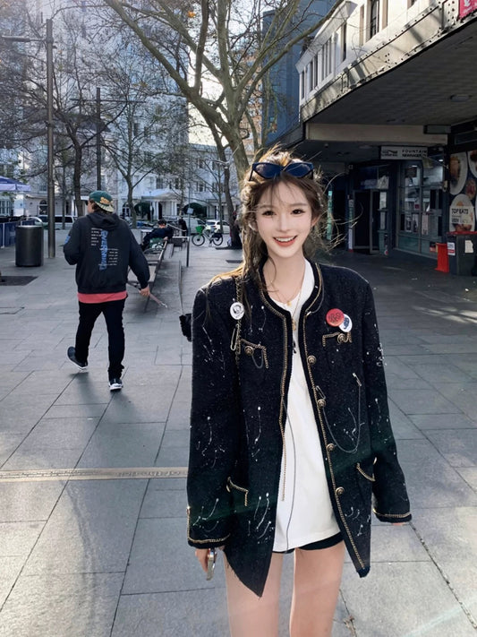 Mon. ‘’Ace jennie vintage‘’潑墨設計感金鍊小香外套