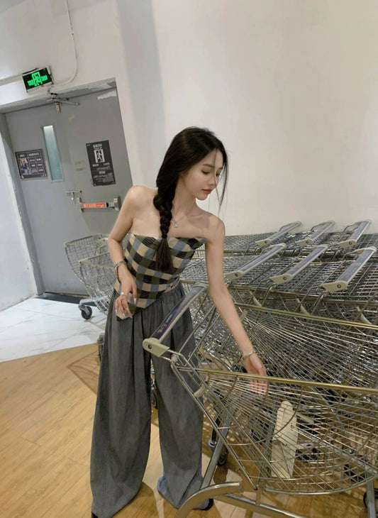 Sun. 藍格三角巾抹胸上衣