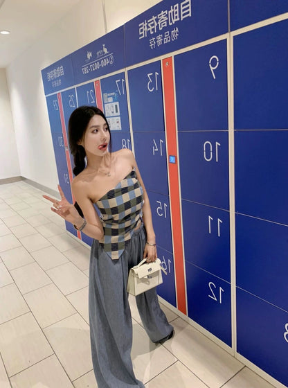 Sun. 藍格三角巾抹胸上衣