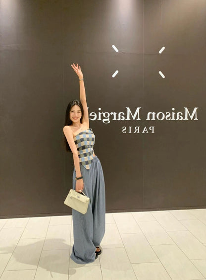 Sun. 藍格三角巾抹胸上衣