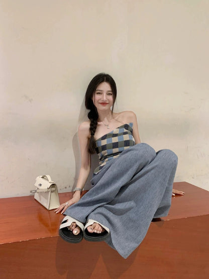 Sun. 藍格三角巾抹胸上衣