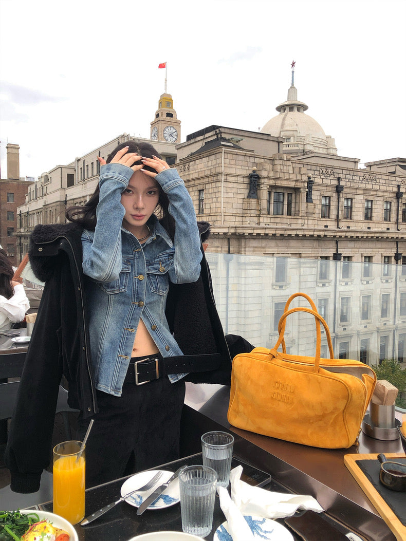 Sun. 復古美式休閒收腰修身牛仔襯衫上衣