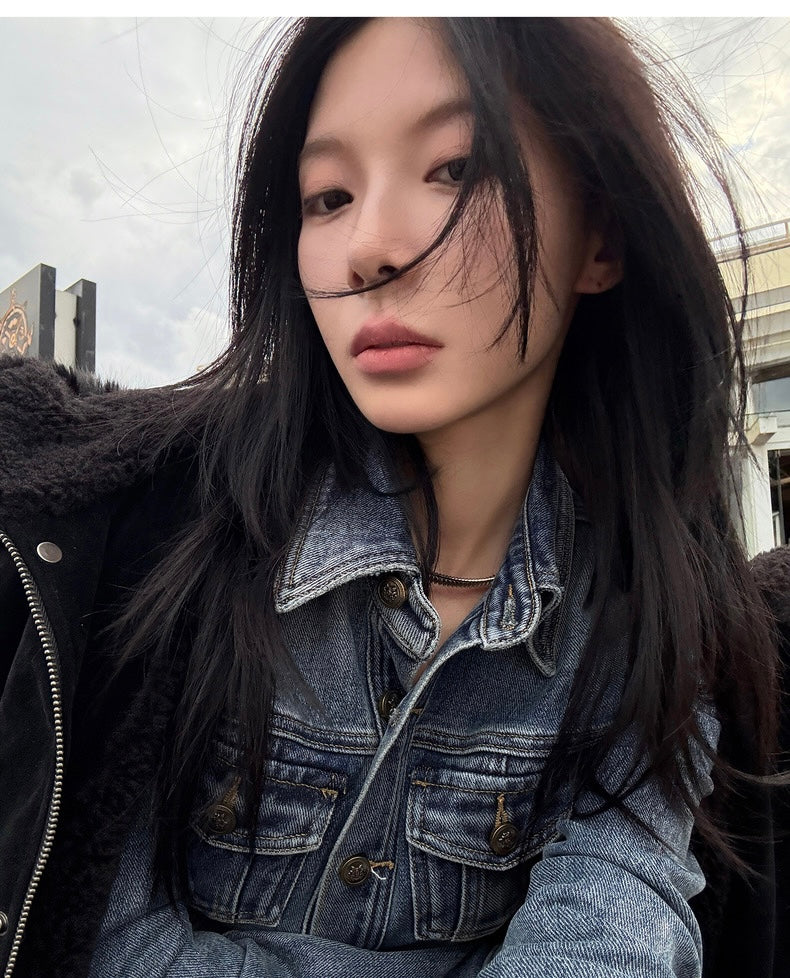 Sun. 復古美式休閒收腰修身牛仔襯衫上衣
