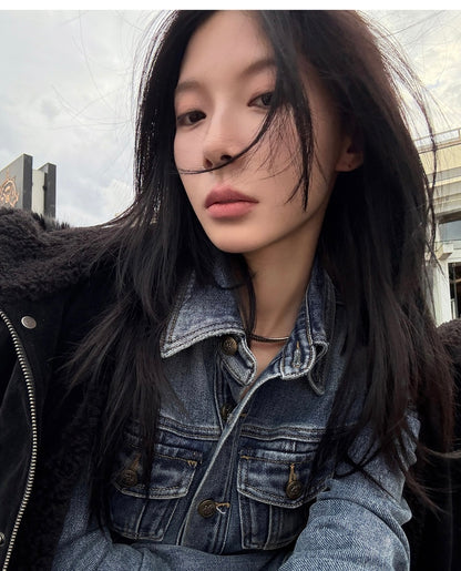 Sun. 復古美式休閒收腰修身牛仔襯衫上衣