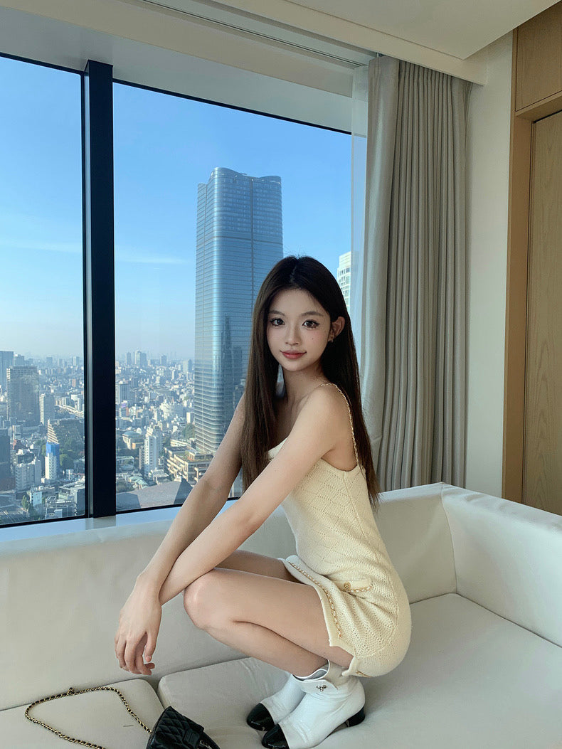 Sun. 隱藏款派對 小香菱格鏈條編織連身裙 白