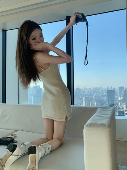 Sun. 隱藏款派對 小香菱格鏈條編織連身裙 白