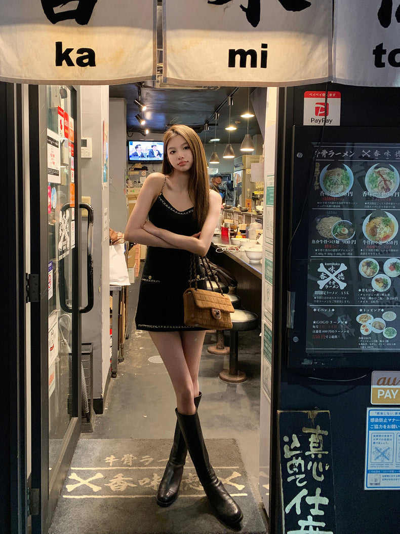 Sun. 黑金派對 A字 小香菱格鏈條編織連身裙 黑